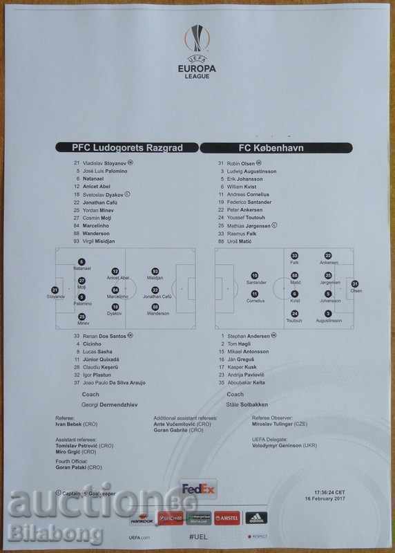 Football team list Ludogorets-Copenhagen, Europa League - 2017