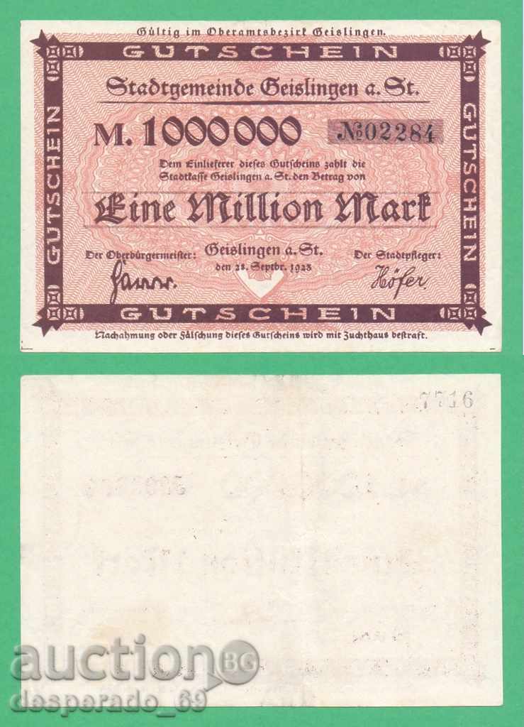 (¯`'•.¸ГЕРМАНИЯ (Geislingen) 1 милион марки 1923¸.•'´¯)