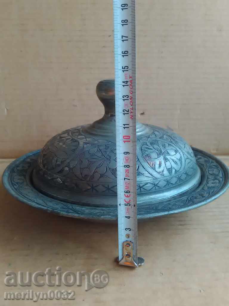 Οθωμανικό καζάνι με κασσίτερο με χαρακτικά και καπάκι χάλκινο χάλκινο σκεύος - 6