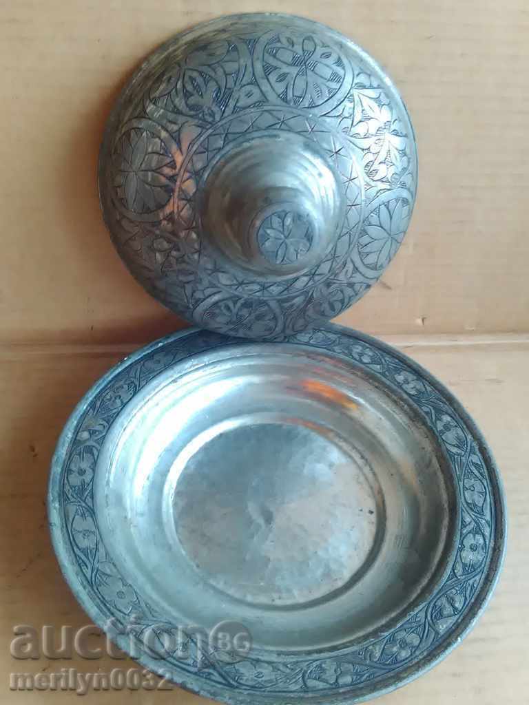 Οθωμανικό καζάνι με κασσίτερο με χαρακτικά και καπάκι χάλκινο χάλκινο σκεύος - 7