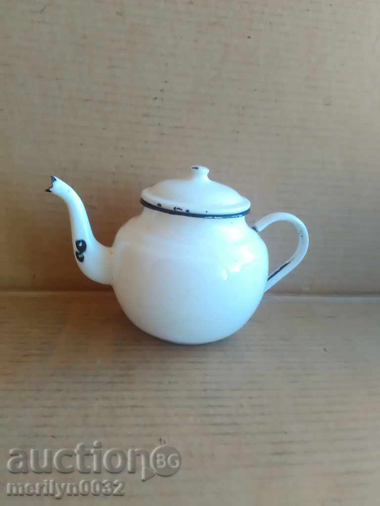 Old enamel tea kettle pitcher pot with enamel