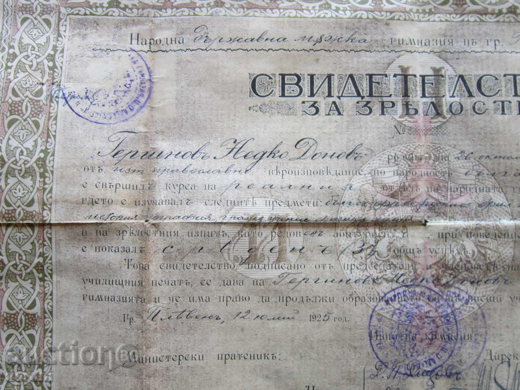 Old Document Diploma Certificate of Maturity 1925 - 5 Old Document Diploma Certificate of Maturity 1925 - 5