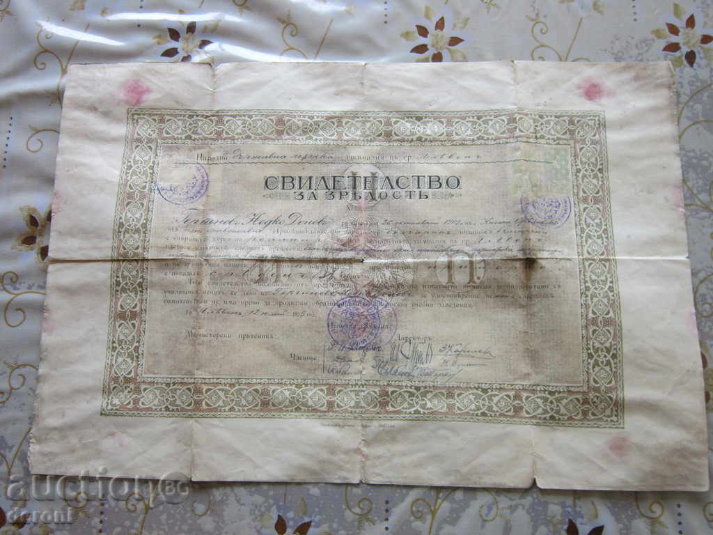 Old Document Diploma Certificate of Maturity 1925 - 6 Old Document Diploma Certificate of Maturity 1925 - 6