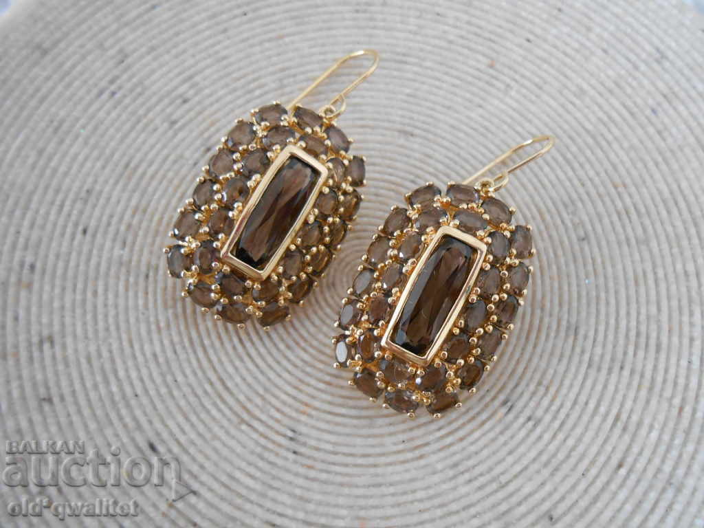 Luxury silver earrings with gilded, smoky quartz