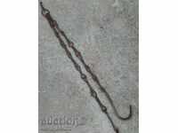 Old forged chain for hearth, wrought iron, chain with hook