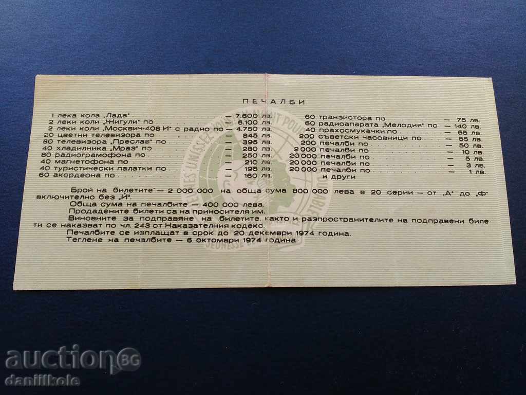 *$*Y*$* OLD LOTTERY TICKET No. 097354 VARNA 1974 *$*Y*$* with price 13.90 BGN | € 7.11
