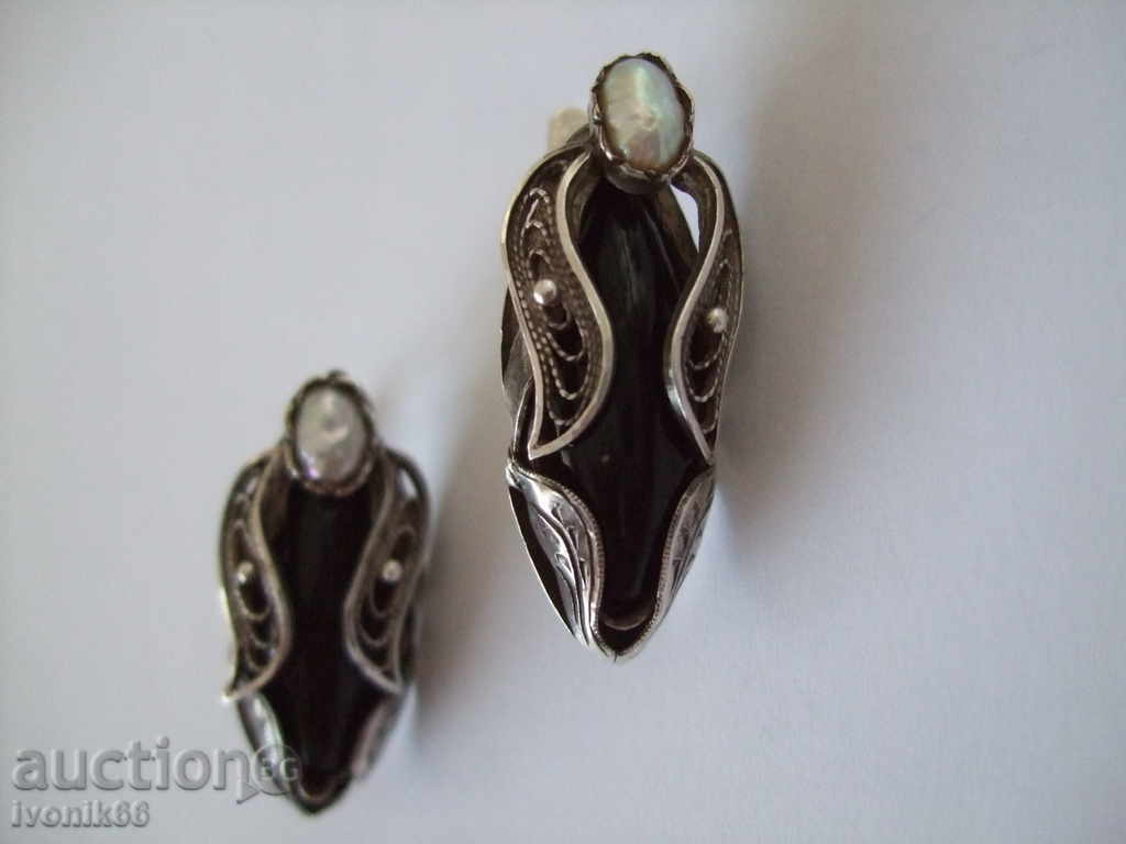 unique antique handmade earrings silver pearls and onyx