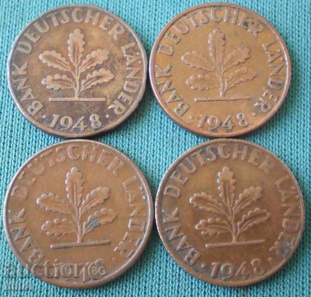 Lot Germany 1 Pfennig 1948 (D, F, G, J) Rare