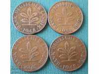 Lot Germany 1 Pfennig 1948 (D, F, G, J) Rare
