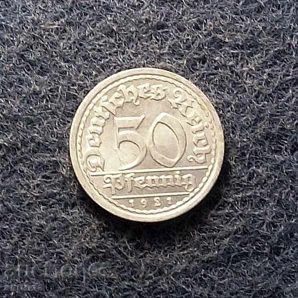 50 pfennigs 1921-J-σπάνια ΕΚΠΟΜΠΗΣ-ΜΕΝΤΑ