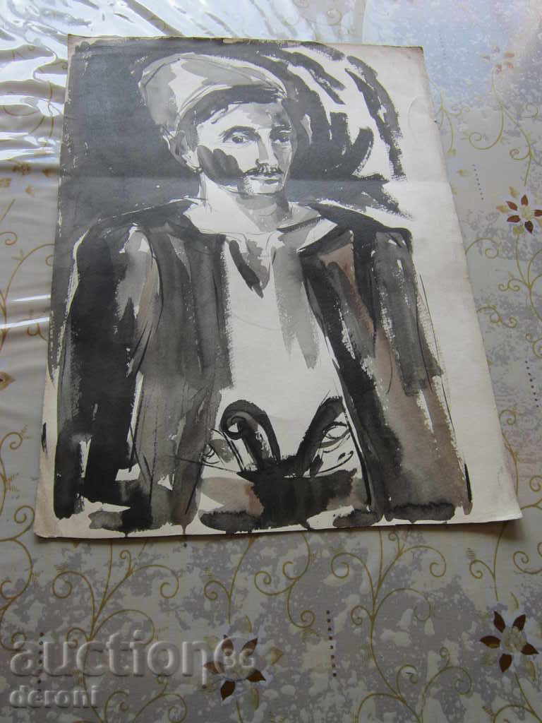 Стар акварел картина войвода хайдутин на картон  2