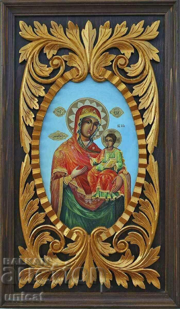 "Virgin Mary with Child" icon, wood carving, icon painting