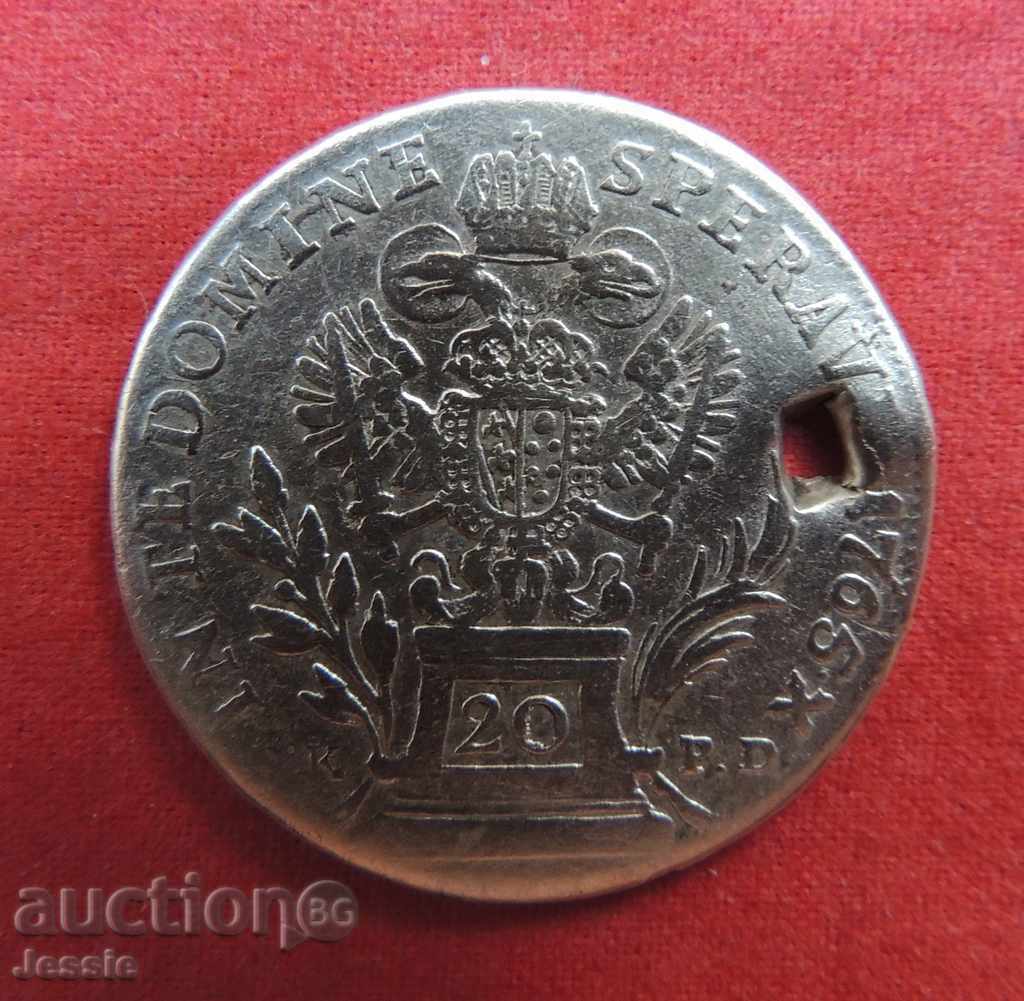 20 кройцера Австроунгария 1765 B P/SK PD/ сребро с дупка