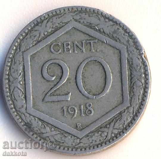 Италия 20 чентизими 1918 година, надпечатка