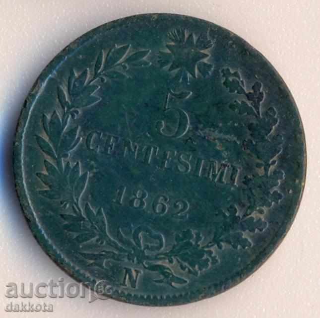Италия 5 чентезими 1862n, с гладка зелена патина