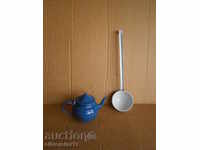 An old enameled ladle and teapot lot set