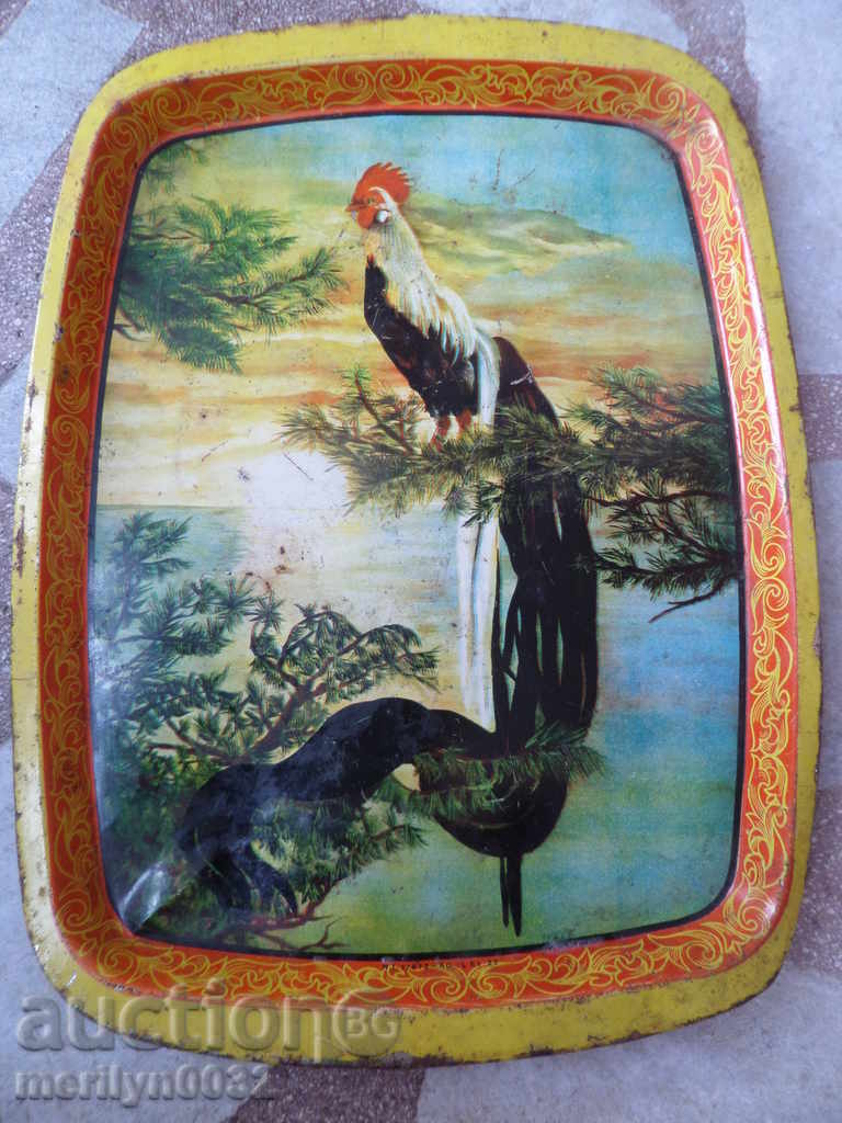 Painted tray with rooster teapot