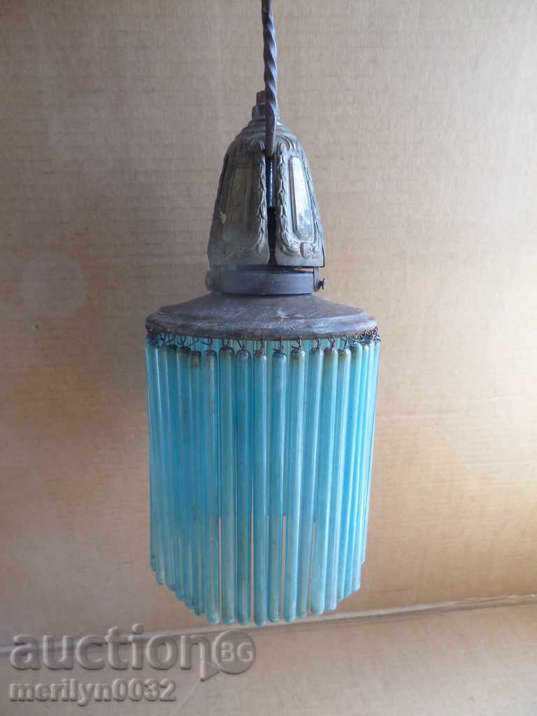 Vechi lampă de bronz umbra de sticlă albastru lampă candelabru