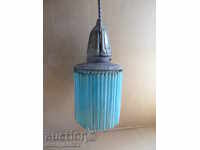 Стара лампа бронз абажур синьо стъкло полилей фенер