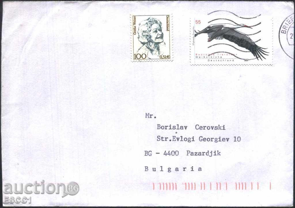 Пътувал  плик с марки  Фауна Птица Щъркел 2004 от Германия