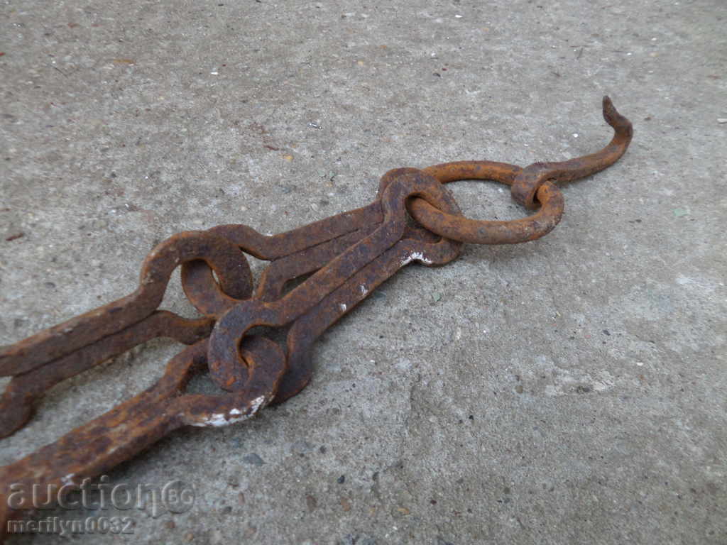Auction  Old forged chain with hook, hearth for hearth chain hook