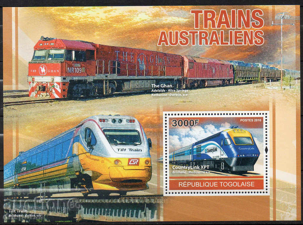 2010. Togo. Transport - Australian trains. Block.