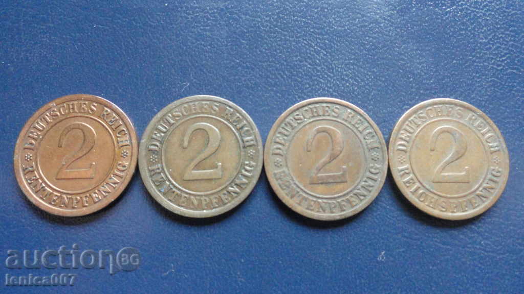 Germany 1924 - 2 pfennig (A,E,J,G) with price 9.20 BGN | € 4.70 Germany 1924 - 2 pfennig (A,E,J,G) with price 9.20 BGN | € 4.70