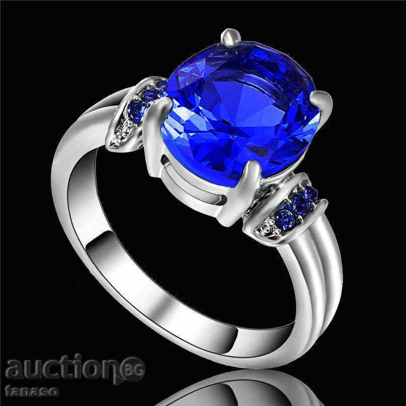 Аукцион Пръстен със сини циркони, бяло родиево покритие