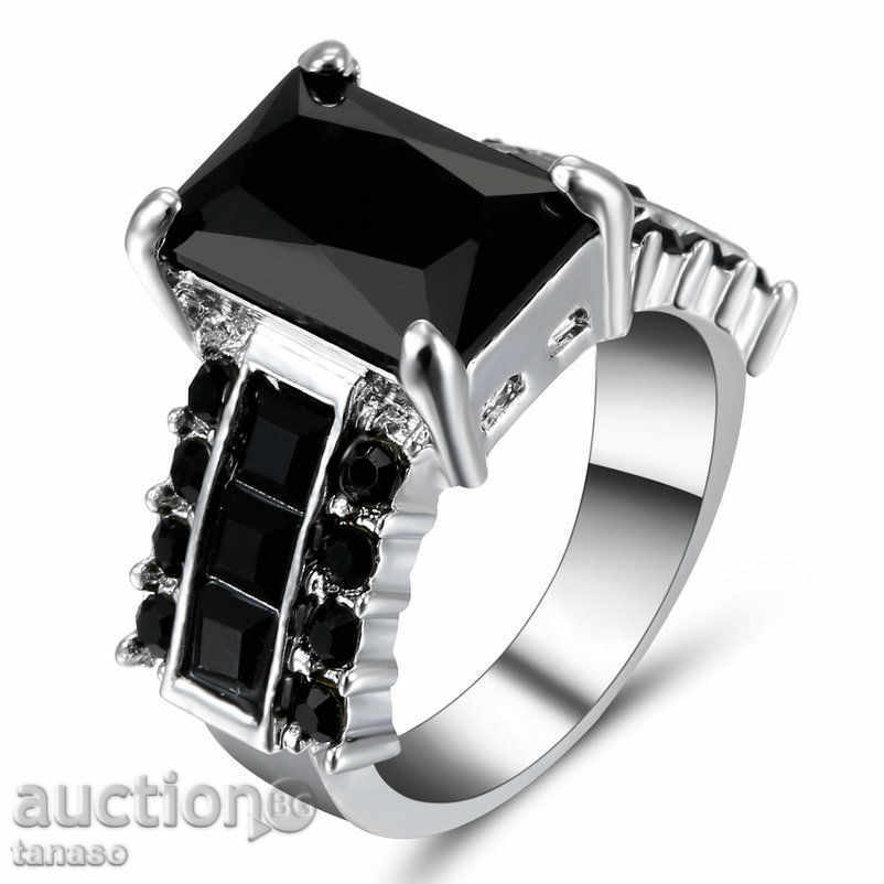 Ring with black topaz and zircon - white rhodium plated