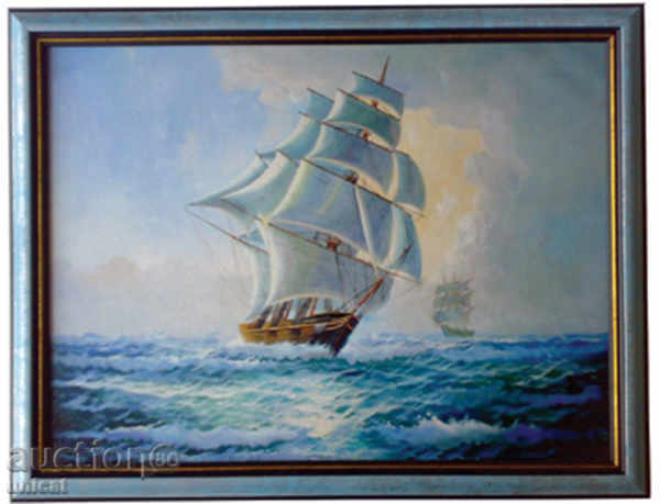Seascape cu barci cu panza, pictura