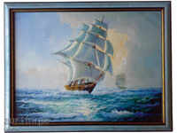 Seascape cu barci cu panza, pictura