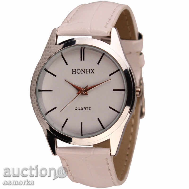 Нов дамски часовник с кожена каишка бял стилен модерен Honhx