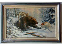 Мечка срещу кучета лайки, картина за ловци
