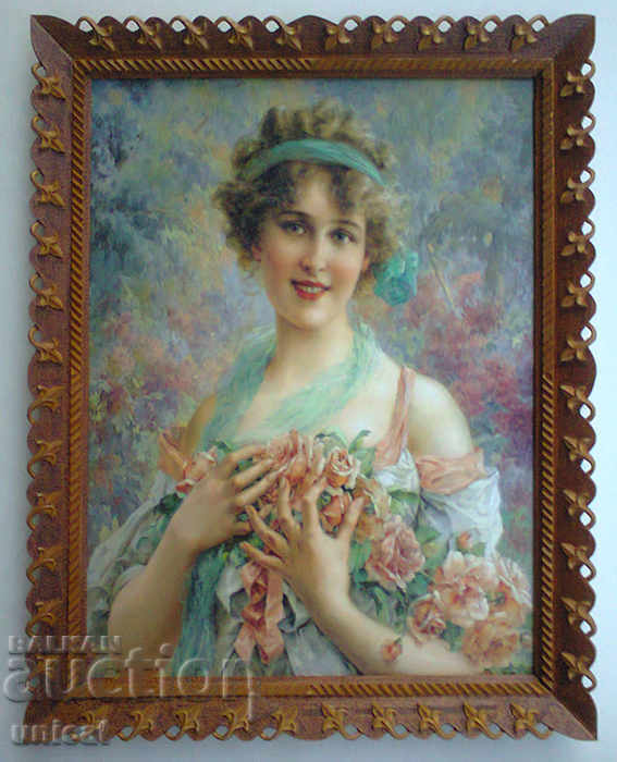 Portret de tânără cu trandafiri, cadru - gravură în lemn