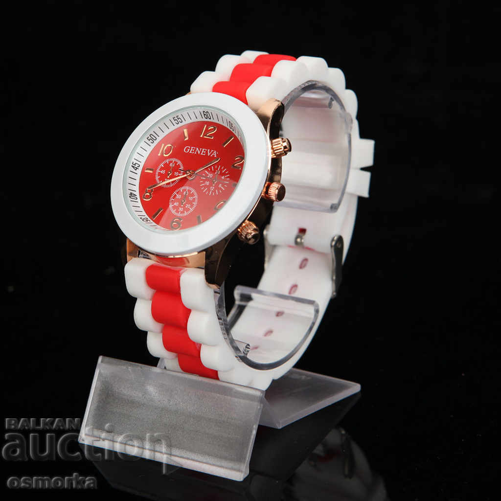 Нов дамски часовник в червено и бяло ефектен моден мода дами