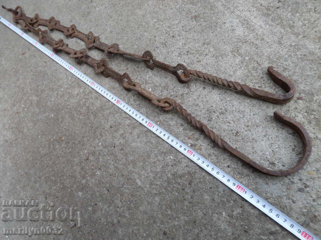 Old forged chain for hearth, wrought iron, chain with hook - 6