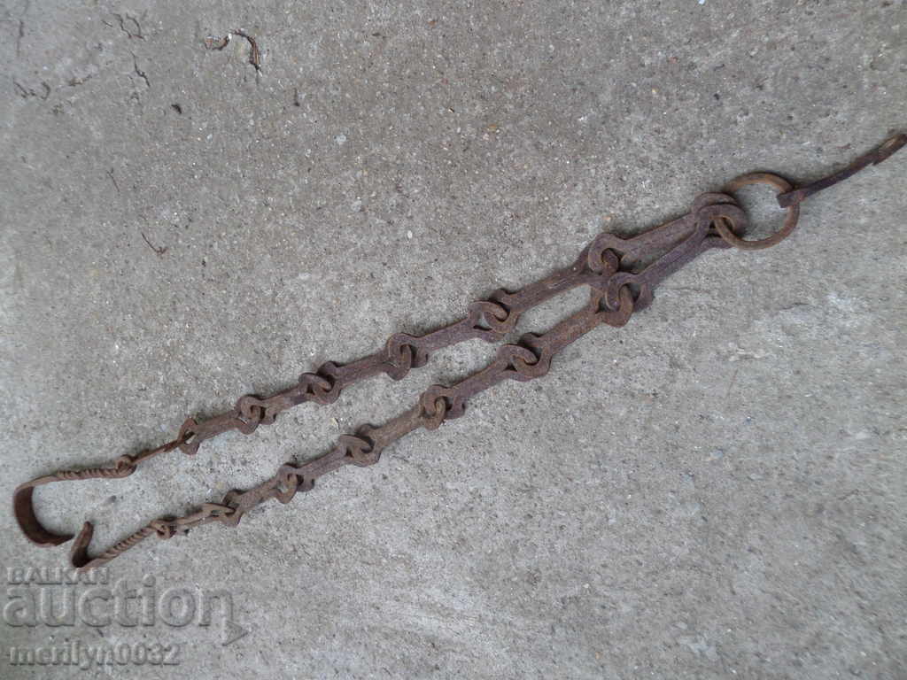 Old forged chain for hearth, wrought iron, chain with hook