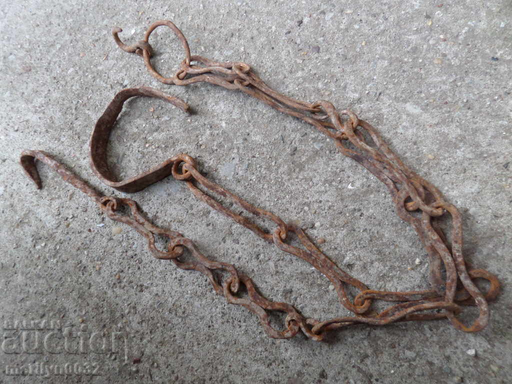 Old forged chain for hearth, wrought iron, chain with hook - 7