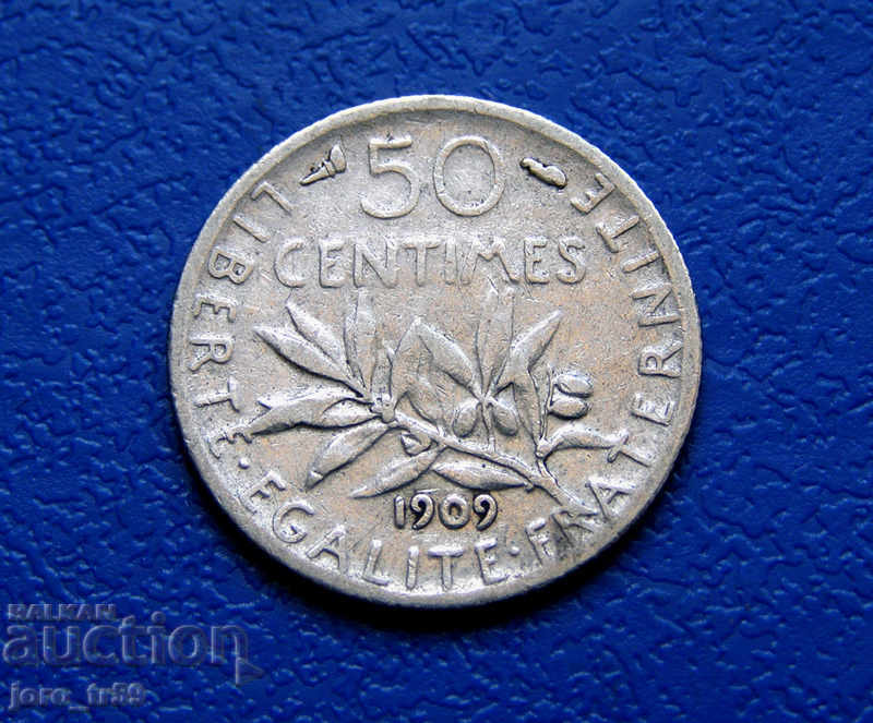 Франция 50 сантима / 50 centimes / 1909 г. - сребърна