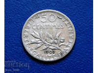 Франция 50 сантима / 50 centimes / 1909 г. - сребърна