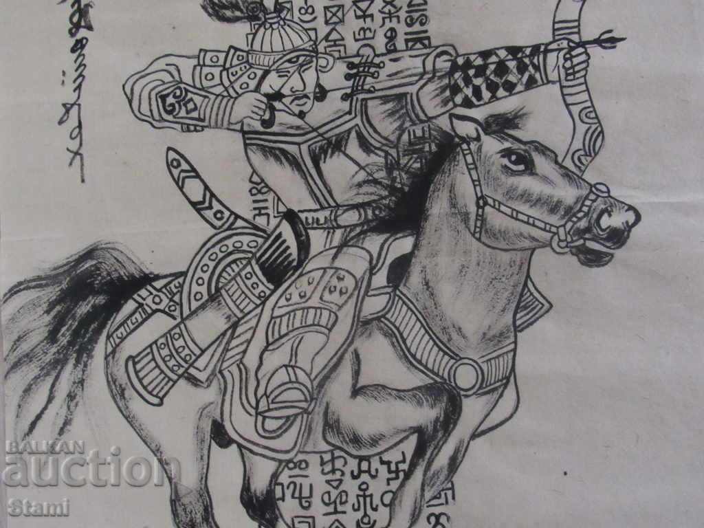 Painting of Genghis Khan on horseback on rice paper from Mongolia - 7 Painting of Genghis Khan on horseback on rice paper from Mongolia - 7