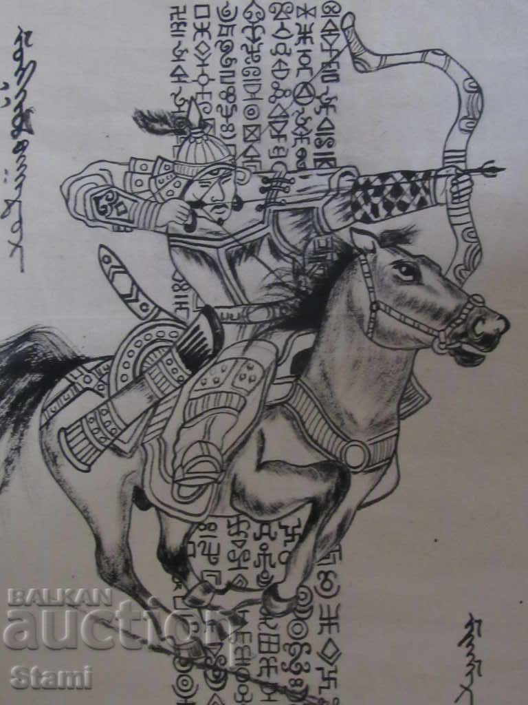 Pictură a lui Genghis Khan călare pe hârtie de orez din Mongolia
