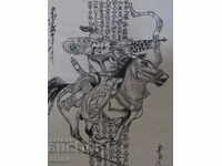 Pictură a lui Genghis Khan călare pe hârtie de orez din Mongolia