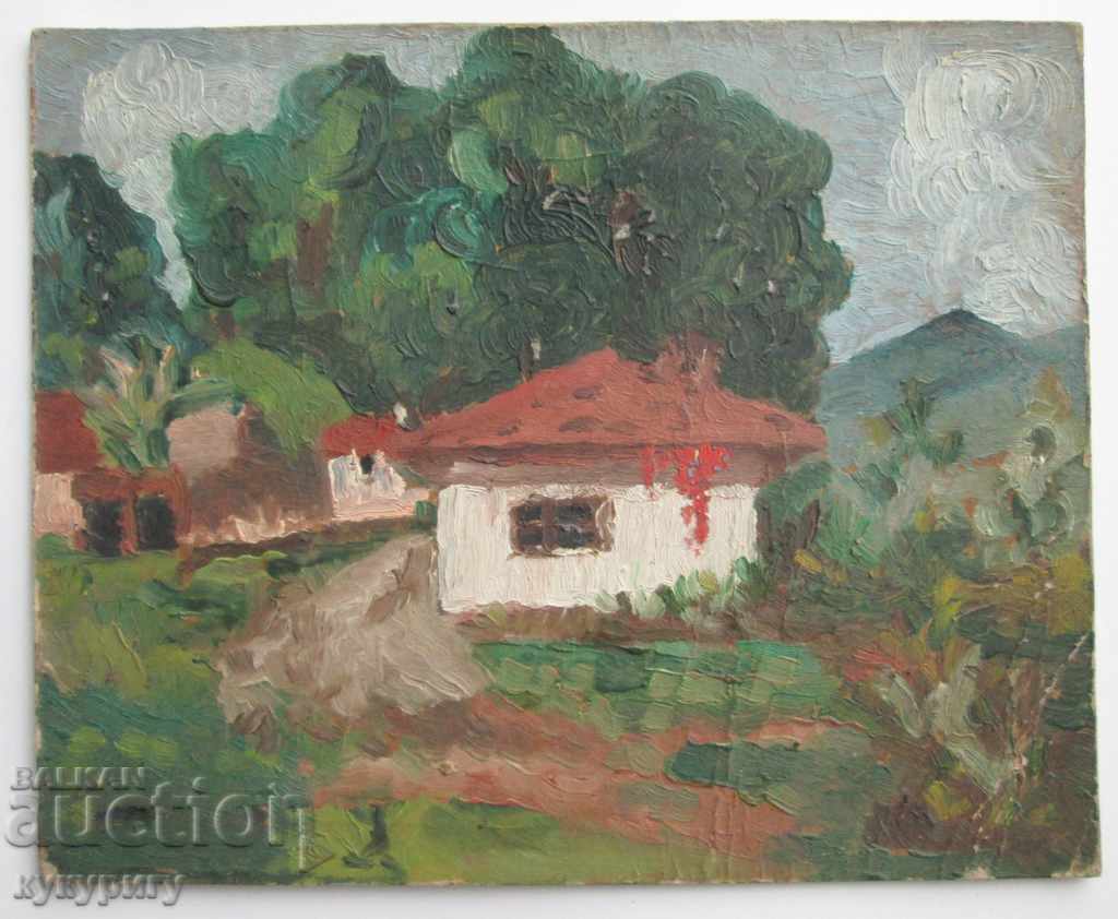 Small picture rural landscape oil painting on cardboard.