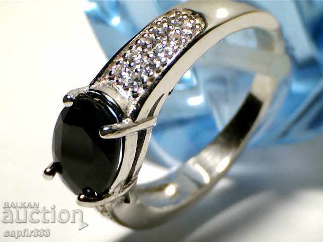 Κομψό ασημένιο δαχτυλίδι με φυσικό μπλε ζαφείρι και διαμάντι