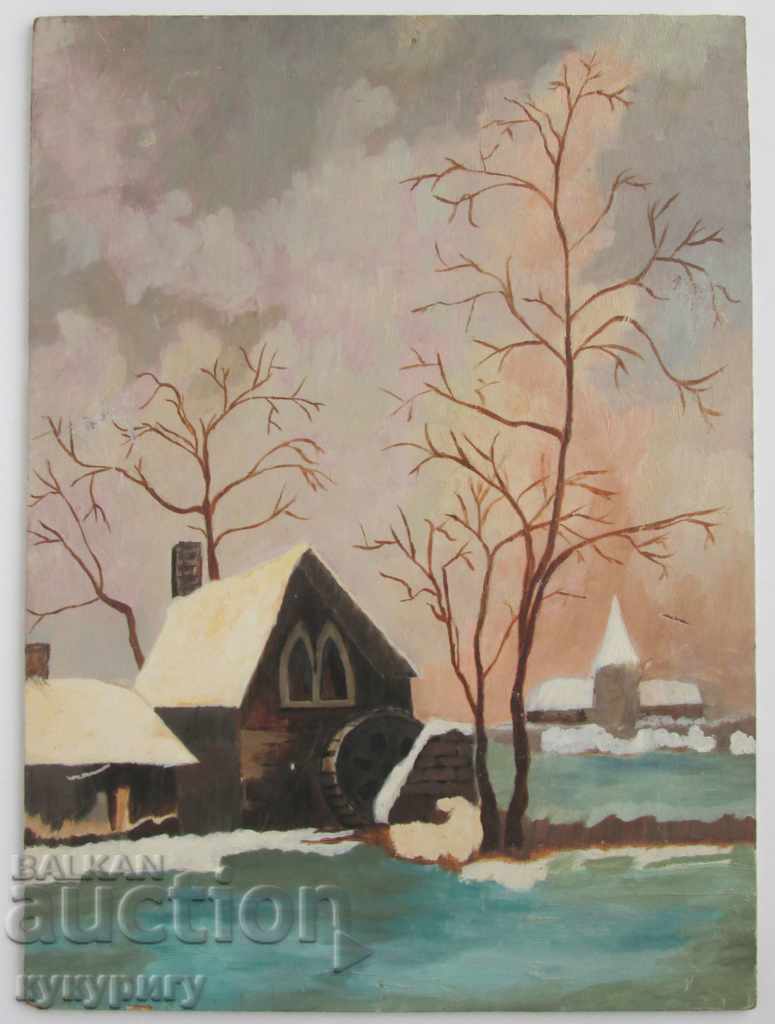 Winter landscape painting oil on hardboard unsigned