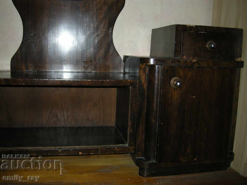 Auction Old antique dressing table with round mirror, cupboard and showcase Auction Old antique dressing table with round mirror, cupboard and showcase