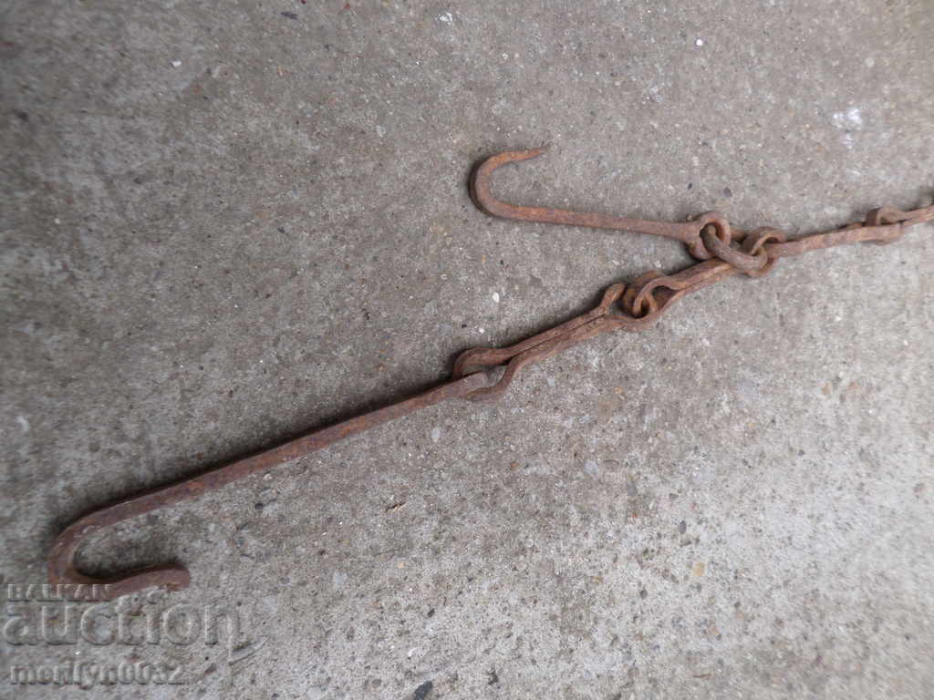 Auction  Old forged chain with hook, hearth for hearth