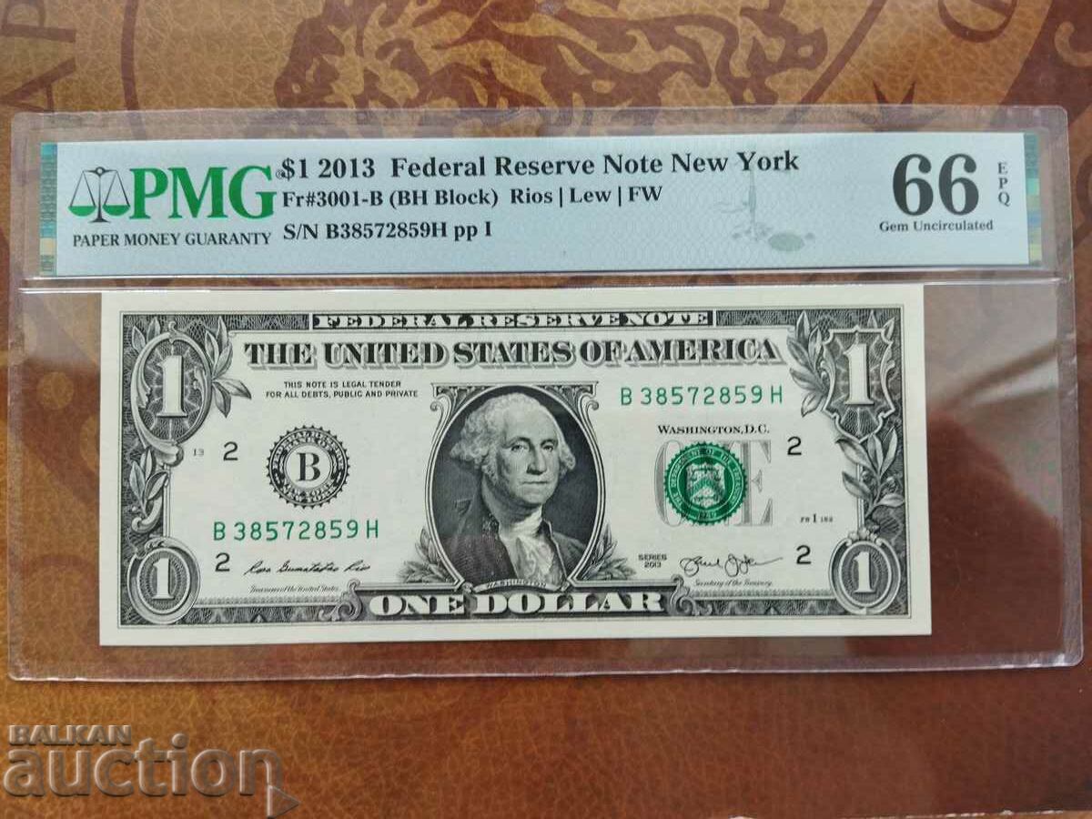 САЩ банкнота 1 долара от 2013 г. PMG 66 EPQ Ню Йорк