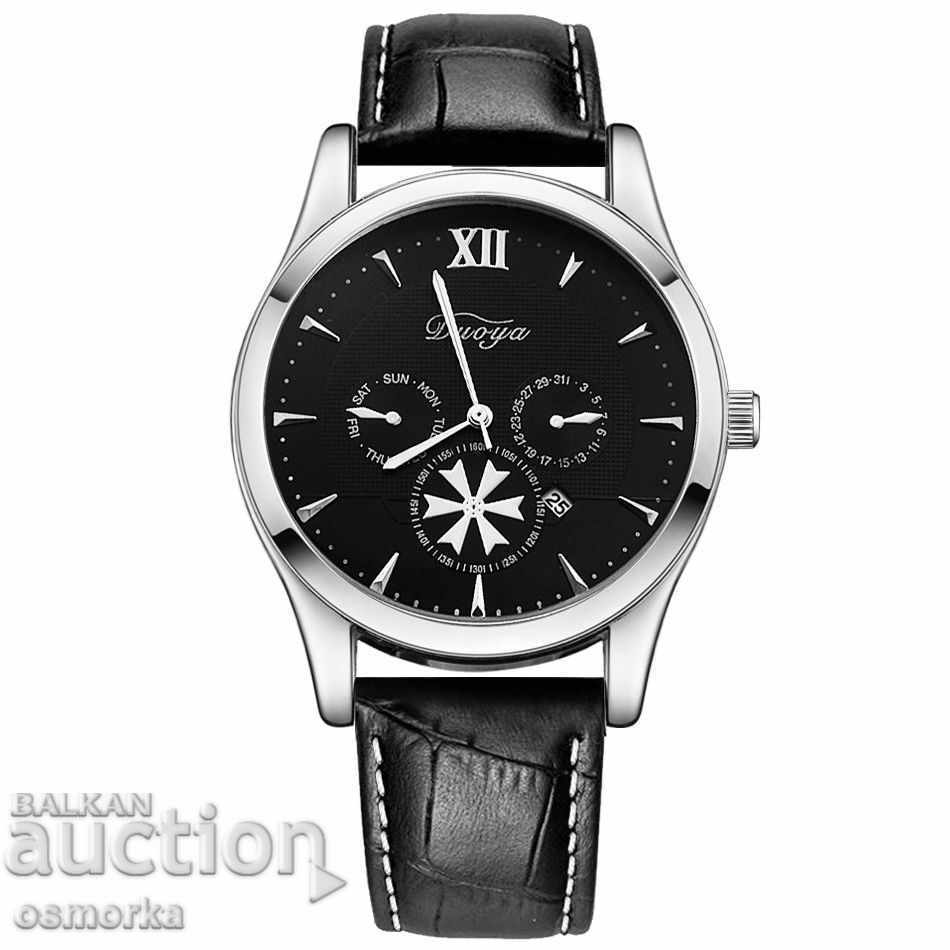 Duoya мъжки стилен часовник с кожена каишка черен дата
